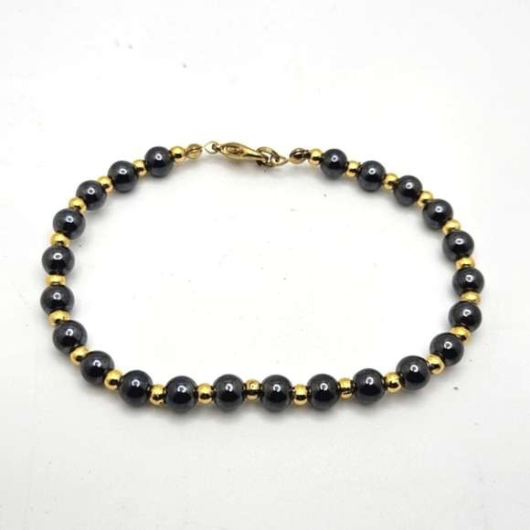 🟢3/$19🟢 Hematite & Gold Bead Bracelet Unisex 8.25 Inches Large Size - Picture 1 of 3